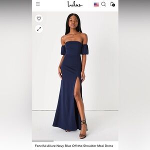 Lulu’s Fanciful Allure Navy Blue Off-the-Shoulder Maxi Dress